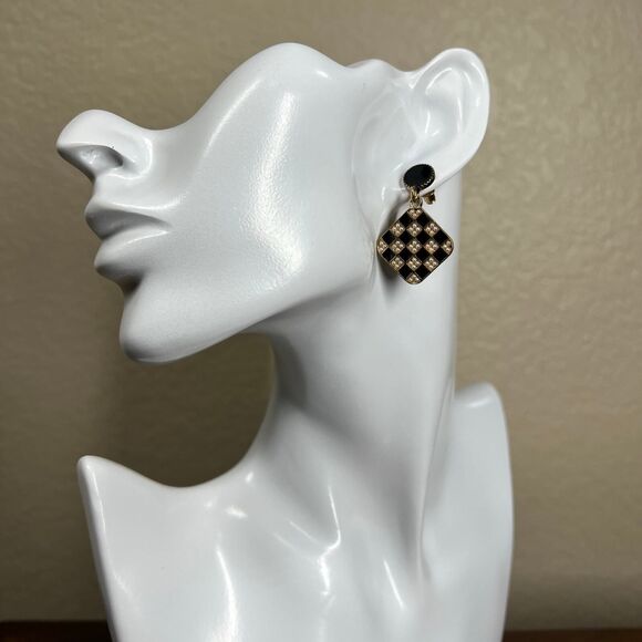 Earring Black and Golden Checkerboard Patterned Trendy Earrings Gambit  Baddie - Picture 7 of 9